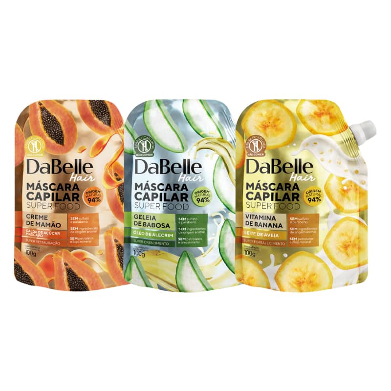 Kit DaBelle Super Food Creme de Mamão e Calda de Açúcar Mascavo + Geleia de Babosa e Óleo de Alecrim + Vitamina de Banana e Leite de Aveia