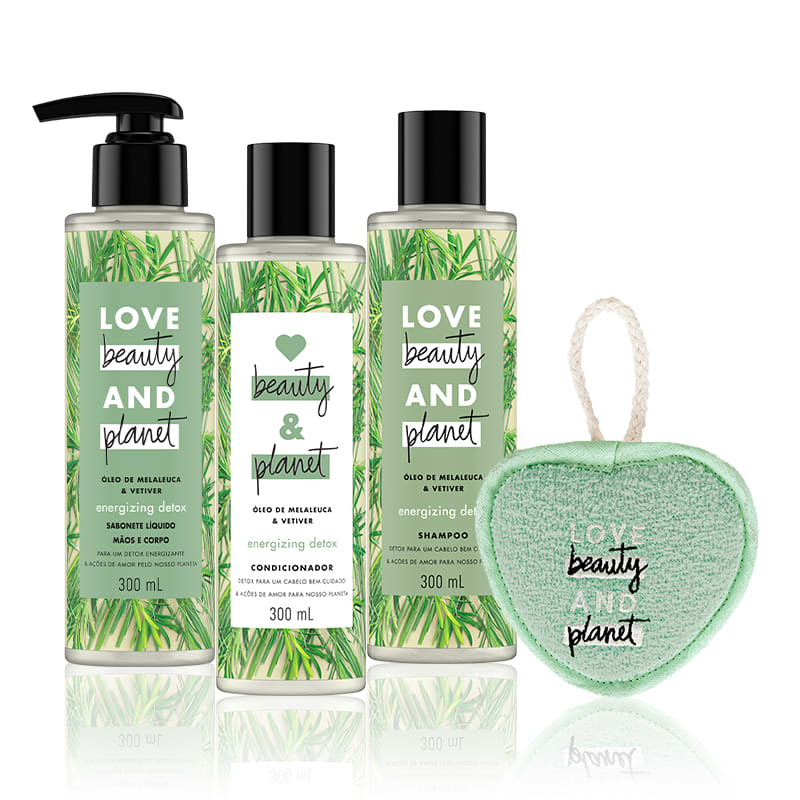 Kit Love, Beauty and Planet - Shampoo + Condicionador 300ml + Sabonete líquido Energizing Detox + Esponja de banho