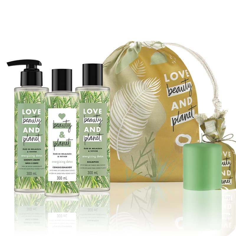 Love, Beauty and Planet - Shampoo + Condicionador + Sabonete Energizing Detox + Saco de Pano + Vela perfumada verde