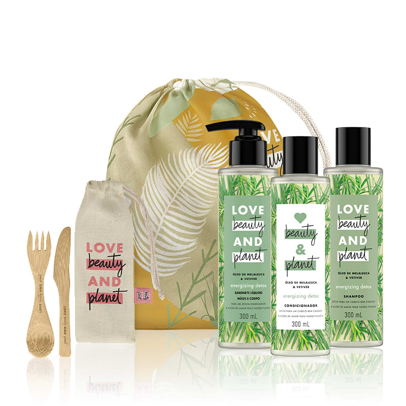 Kit Love, Beauty and Planet - Shampoo + Condicionadorl + Sabonete Energizing Detox + Saco de pano + Talheres de Bambu