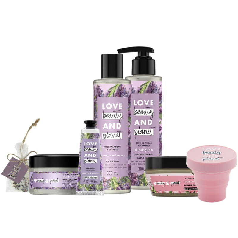 Kit Love, Beauty and Planet - Shampoo + Máscara Capilar + Creme de mãos Smooth and Serene + Sabonete Relaxing Rain + Brindes