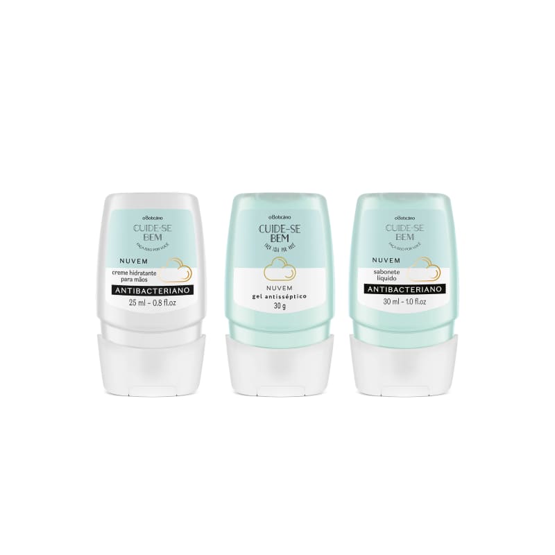 Combo Cuide-se Bem Nuvem Bactericida - Gel Antisséptico 30g + Sabonete Líquido Antibacteriano 30ml + Creme Hidratante Antibacteriano 25ml