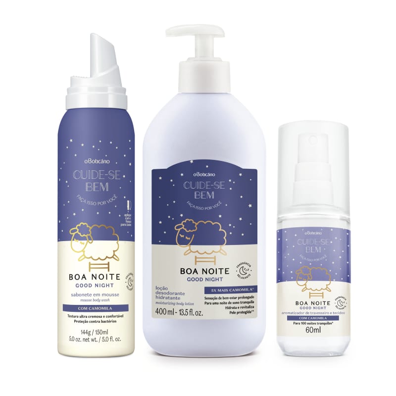 Combo Cuide-se Bem Boa Noite: Loção Desodorante Hidratante 400ml + Sabonete em Mousse 150ml + Aromatizador de Travesseiro e Tecidos 60ml