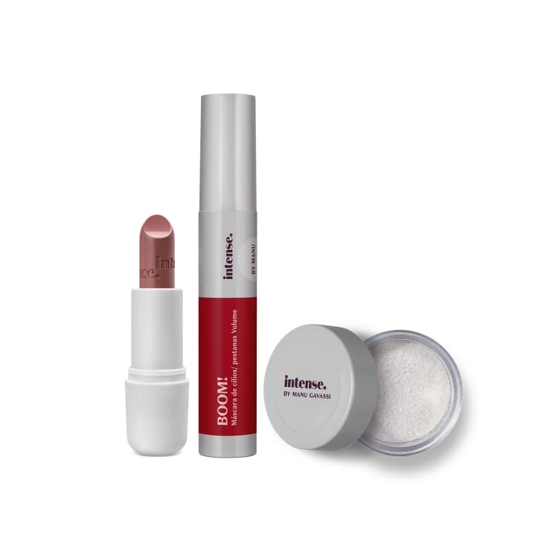 Combo Look Um Shine de Fada Intense by Manu Gavassi: Sombra Super Glitter + Máscara para Cílios + Batom Cremoso Nude 140