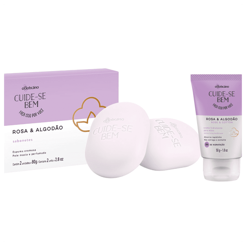 Combo Cuide-se Bem Rosa & Algodão: Creme Hidratante Desodorante Mãos + 2 Sabonetes em Barra