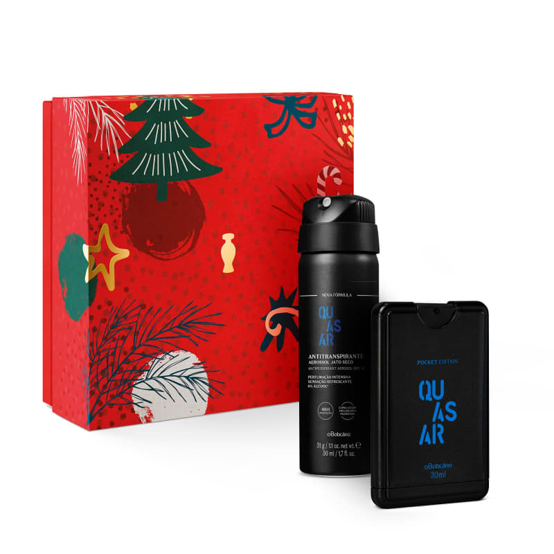 Combo Quasar Miniatura: Desodorante Colônia Pocket 30ml + Antitranspirante 31g + Caixa de Presente
