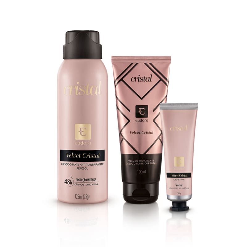 Kit Velvet Cristal Hidratante Desodorante + Creme Mãos + Desodorante Antitranspirante
