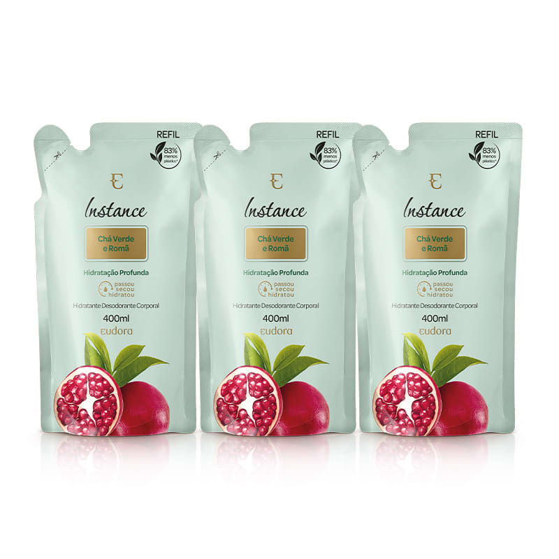 Kit Refil Instance Loção Hidratante Desodorante Corporal Cha Verde E Romã 3 Unidades
