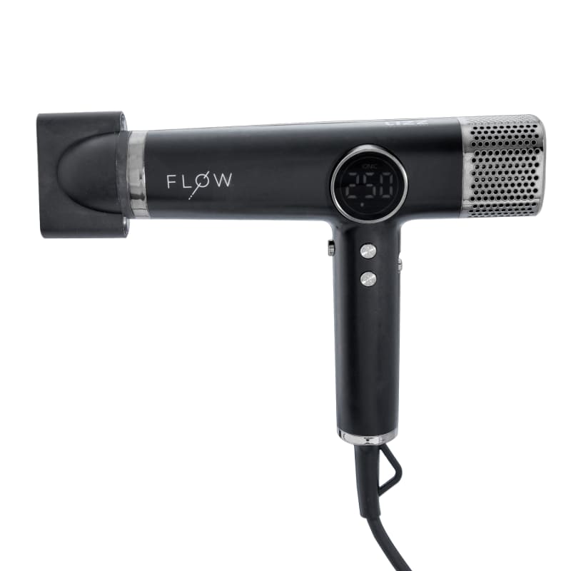 secador de cabelos. Trata-se de um dispositivo elétrico de cor preta com um display digital que exibe a temperatura. O secador possui um design ergonômico e compacto, com botões de controle na lateral.