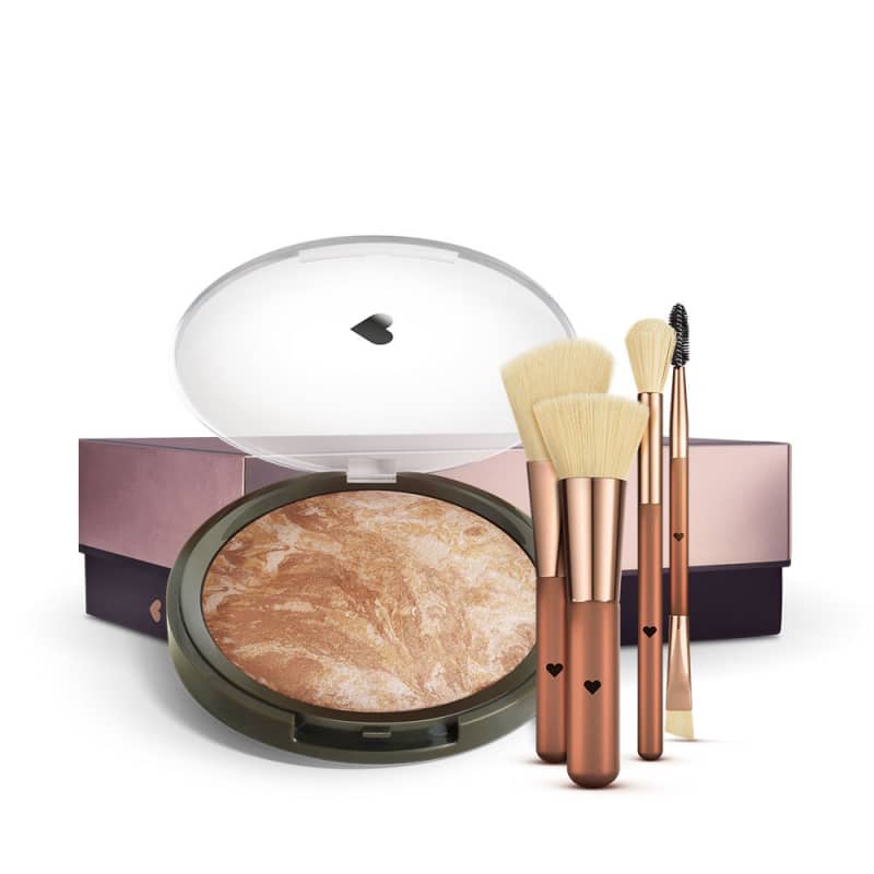 Kit Pó Iluminador Marmorizado + Kit Pincéis Bronze + Caixa Cubo G