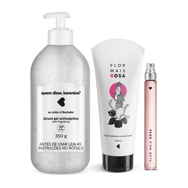 Kit Cuidados: Álcool Gel + Loção Hidratante Desodorante Corporal 200ml + Desodorante Colônia 10ml Flor mais Rosa