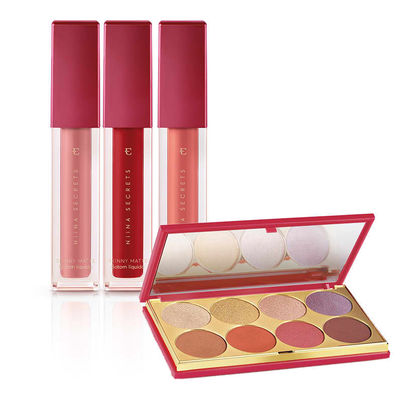 Kit Batom Líquido Niina Secrets Skinny Matte - 3 cores + Paleta de Sombras Niina Secrets