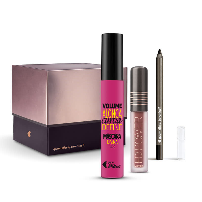 Kit Máscara de Cílios Divina Preté + Batom HD Power Matte Nudehd + Lápis Olhos Pretuco + Caixa Cubo M