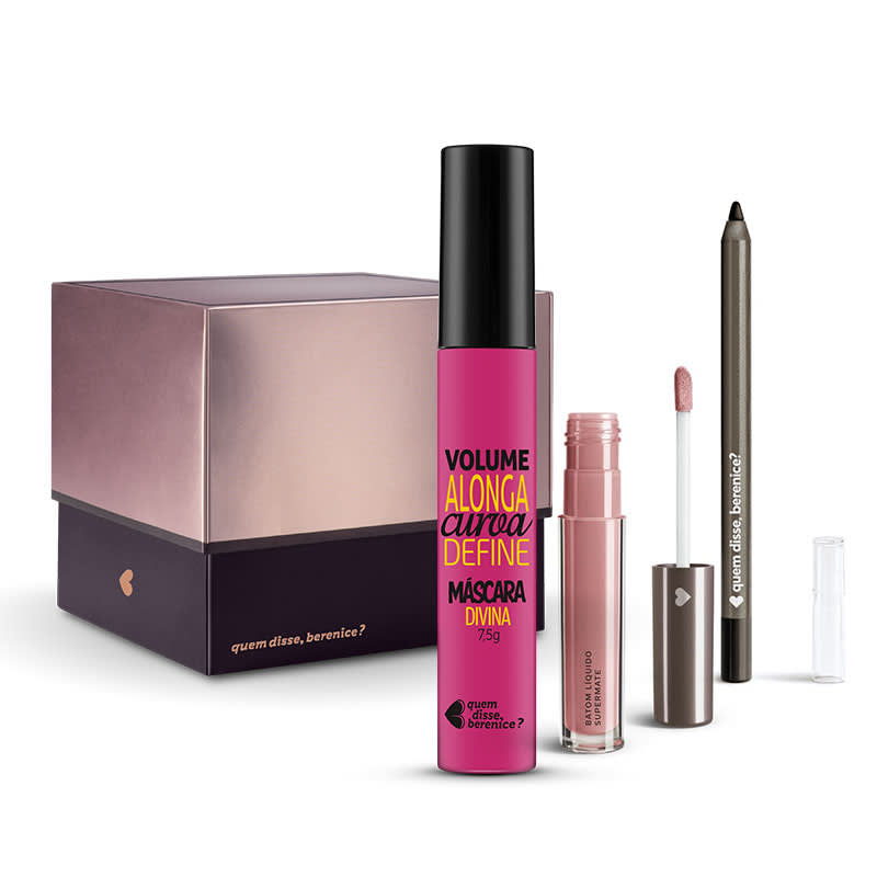 Kit Máscara de Cílios Divina Preté + Batom Líquido Supermate Rosetali + Lápis Olhos Pretuco + Caixa Cubo M
