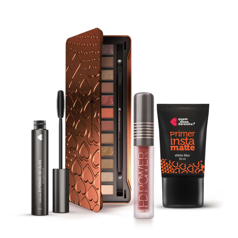 Kit Paleta de Sombras Adoro Bronzes + Primer Instamatte + Máscara Extensão de Cílios + Batom HD Power Vermelhohd