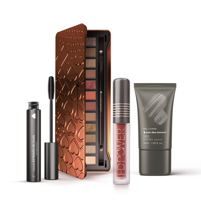 Kit Paleta de Sombras Adoro Bronzes + Primer Instamatte + Máscara Extensão de Cílios + Batom HD Power Vermelhohd