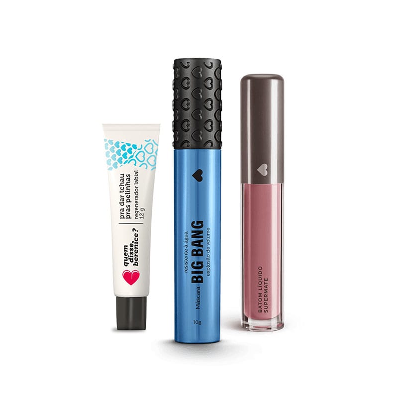Kit Máscara Big Bang Resistente a Água + Tchau Pelinhas + Batom Líquido Supermate Nudelili