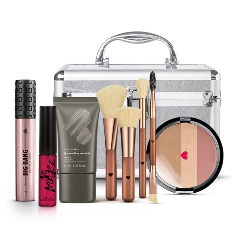 Kit Maleta de Maquiagem + Conjunto de Pincéis + Primer + Máscara Big Bang + Lip Tint + Pó Multiefeitos
