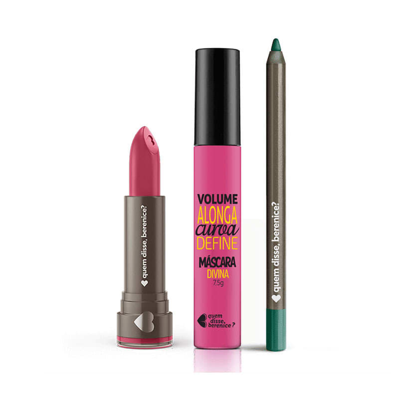 Kit Máscara de Cílios Volume e Definição + Batom Hidratante Armarosa + Lápis Olhos Verdezulex