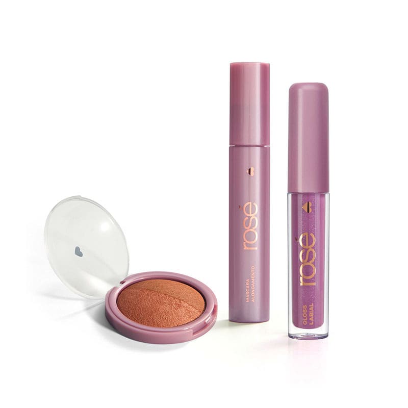 Kit Glossy Brilho Próprio Bronze: Gloss + Máscara + Blush Bronze
