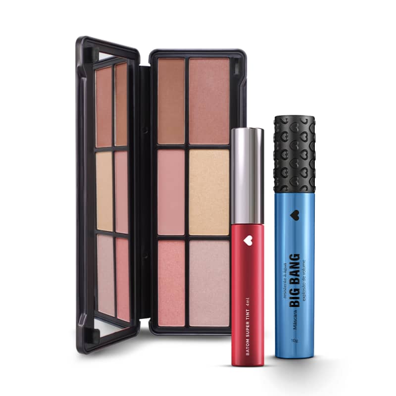 Kit Paleta Multifuncional Adoro Celebrar + Máscara Big Bang Resistente a Água + Batom Super Tint Marsalatint