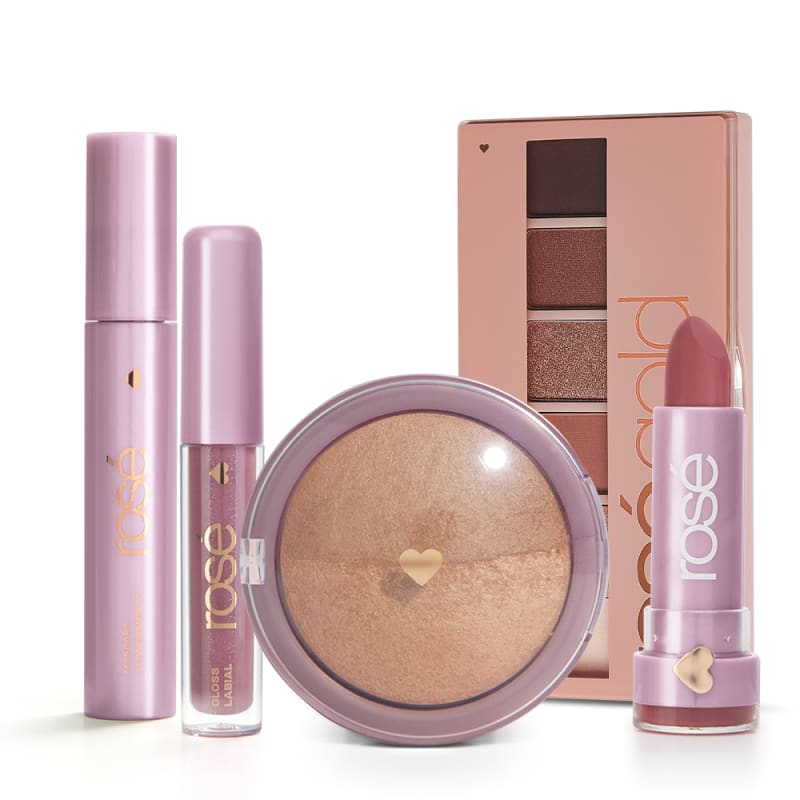 Kit Rosé Hour Gold: Paleta Rosé Gold + Máscara + Gloss + Batom + Blush Bronze