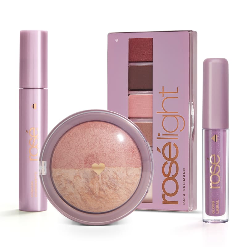 Kit Glossy Brilho Próprio Rosé Light: Paleta Rosé Light + Gloss + Máscara + Blush Rose