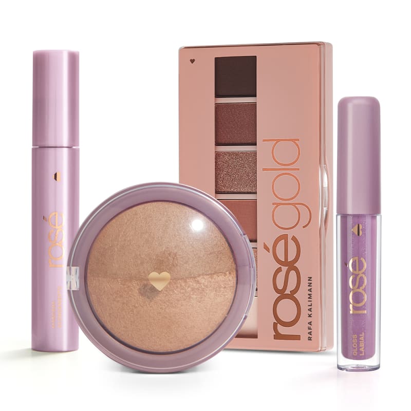 Kit Glossy Brilho Próprio Rosé Gold: Paleta Rosé Gold + Gloss + Máscara + Blush Bronze