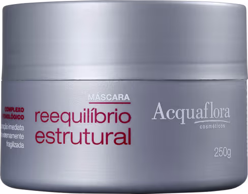Mascara Acquaflora Reequilíbrio Estrutural em embalagem plástica cinza com rótulo branco e detalhes em vermelho, contendo 250g do produto.