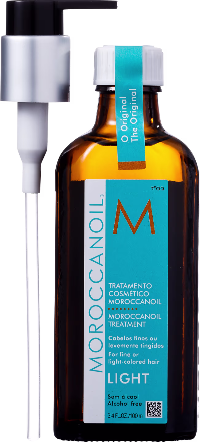 A imagem mostra o Óleo Capilar Moroccanoil Treatment Light 100ml, frasco na cor âmbar com rótulo azul turquesa, com detalhes em branco e laranja. Ao lado do produto está um aplicador dosador de plástico.