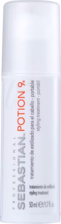 Embalagem em frasco cilíndrico de plástico branco opaco. Rótulo com o nome do produto "Sebastian Potion 9" em letras laranjadas e cinzas, texto descritivo em letras pretas. Volume de 50ml/1.7fl.oz indicado na embalagem.