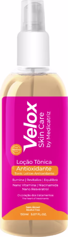 Frasco de loção tônica antioxidante da marca Velox Skin Care, com embalagem branca e rosa, contendo 150ml do produto.