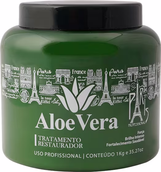 Produto de tratamento restaurador à base de aloe vera para uso profissional. Embalagem em pote plástico verde escuro com tampa preta. Rótulo com texto "Aloe Vera Tratamento Restaurador" em letras brancas.