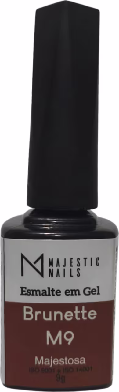 Frasco de esmalte em gel da marca Majestic Nails, na cor Brunette M9 Majestosa, com rótulo preto e branco em formato retangular.