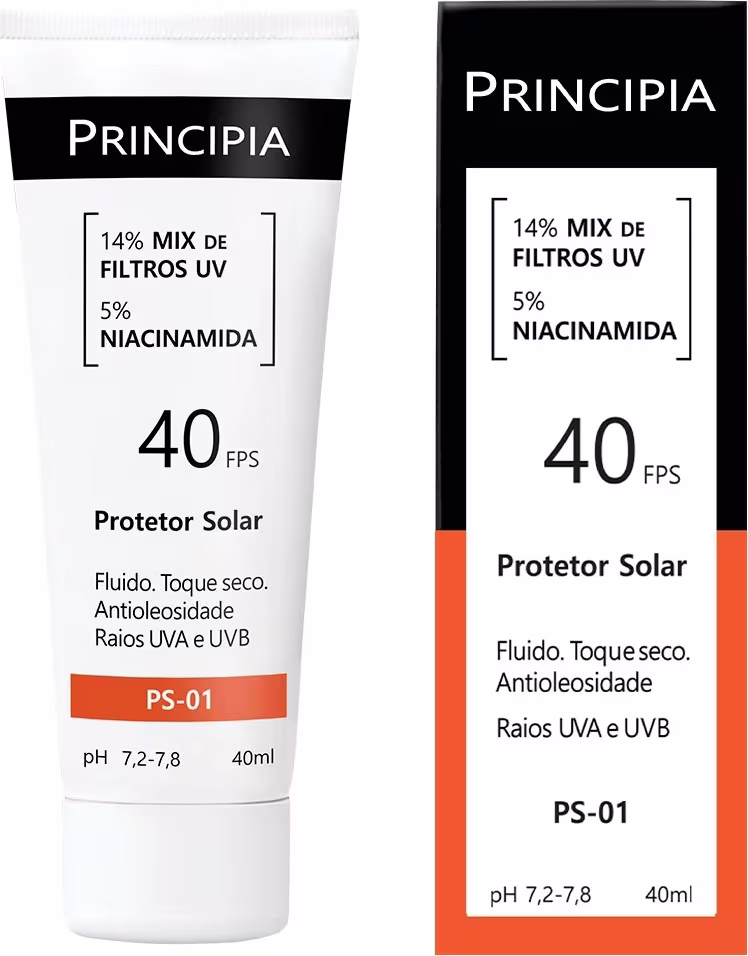 Embalagem de protetor solar da marca Principia, com 40 FPS, contendo 14% de filtros UV e 5% de niacinamida. Apresenta-se em tubo branco e preto com informações sobre o produto em destaque.