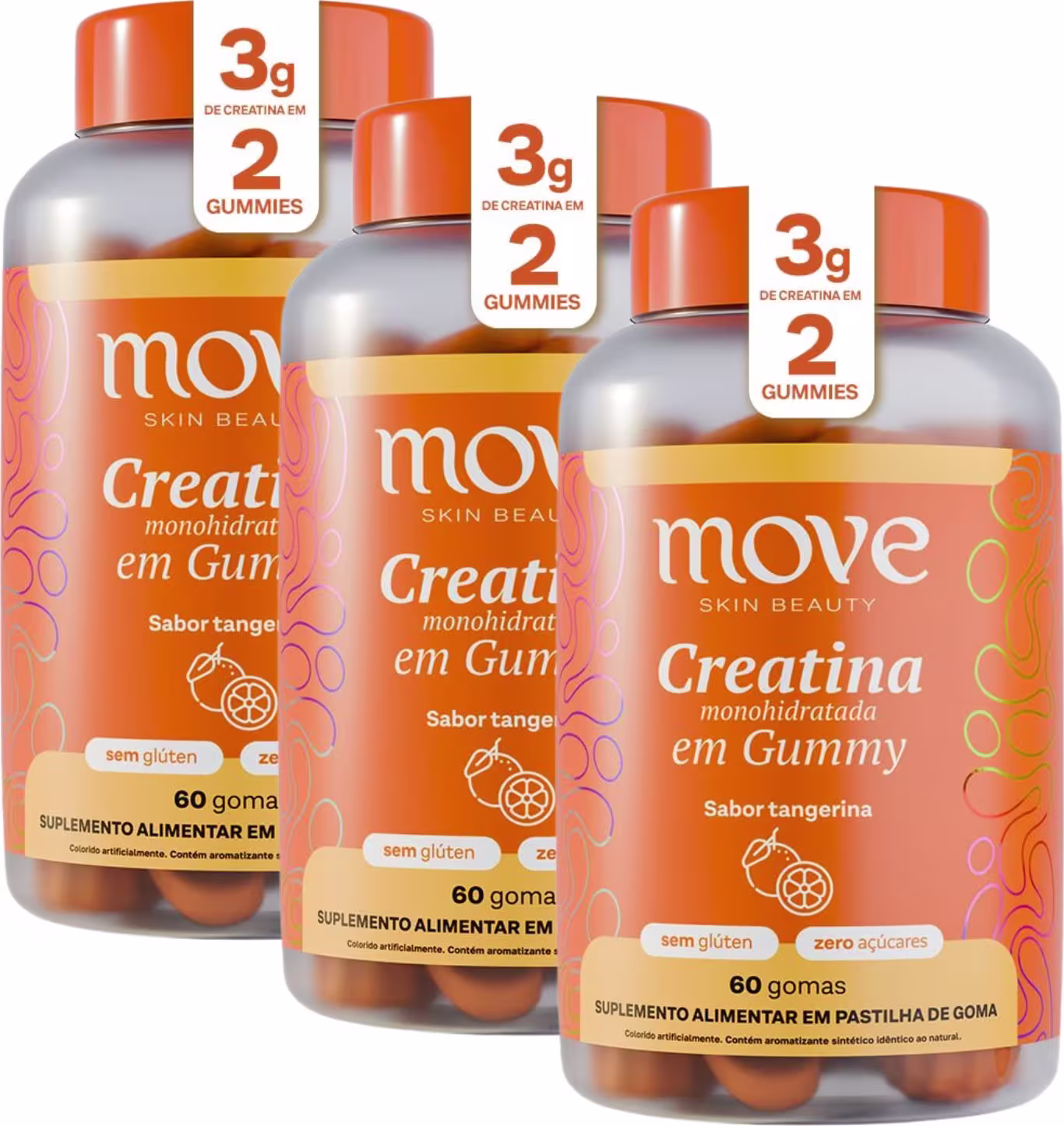 Três frascos de suplemento alimentar Move Skin Beauty Creatina em Gummy, com sabor de tangerina, sem glúten e zero açúcares, contendo 60 gomas cada.