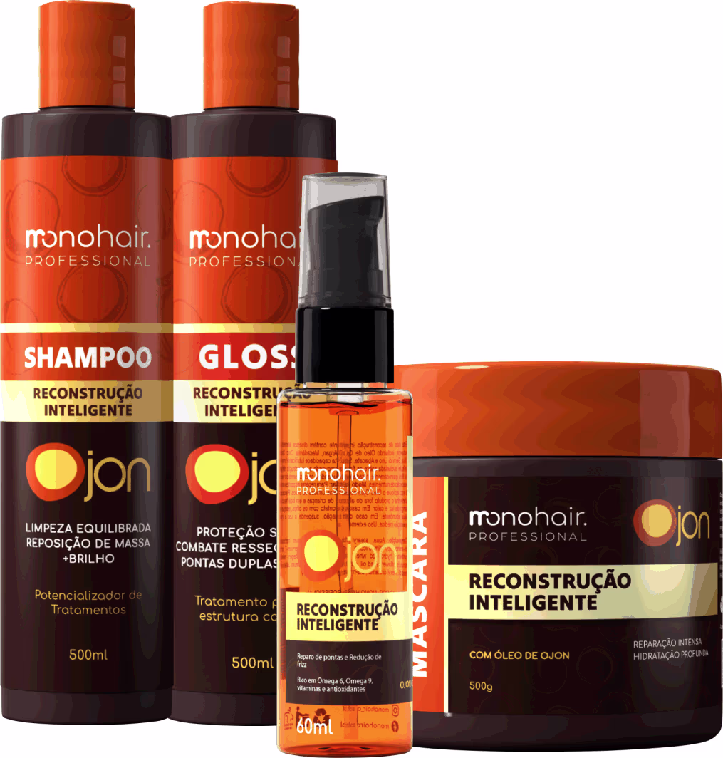 Kit com shampoo, máscara, gloss capilar e óleo capilar de Monohair Professional da linha Ojon Reconstrução Inteligente.