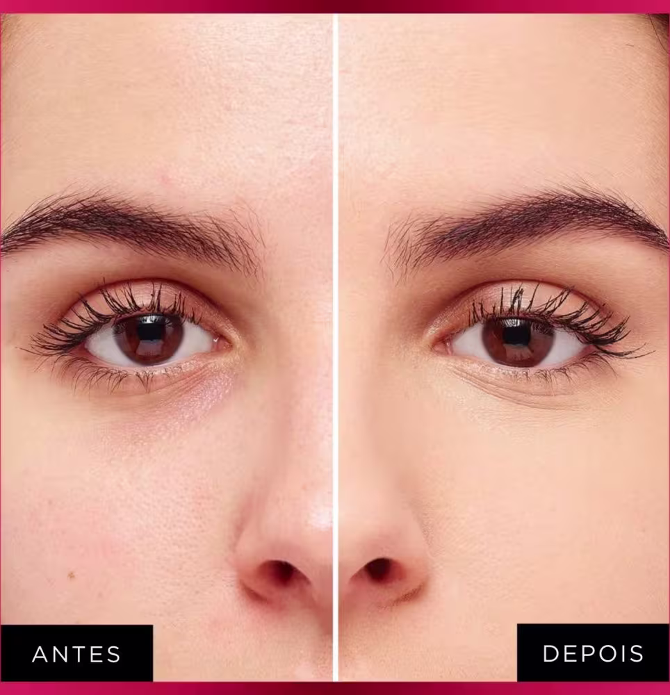 Imagem comparativa de antes e depois do uso de produto de beleza da marca L'Oréal Paris, destacando a transformação a correção do tom de pele, com foco na melhoria da aparência e definição do olhar.