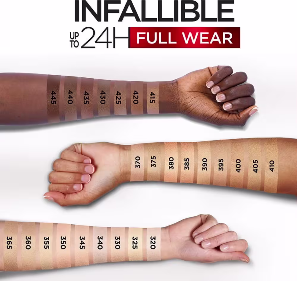 A imagem apresenta uma série de tonalidades de pele em uma escala numérica, sugerindo uma linha de produtos de maquiagem ou cosméticos da marca L'Oréal Paris com ampla variedade de tons para diferentes tons de pele.