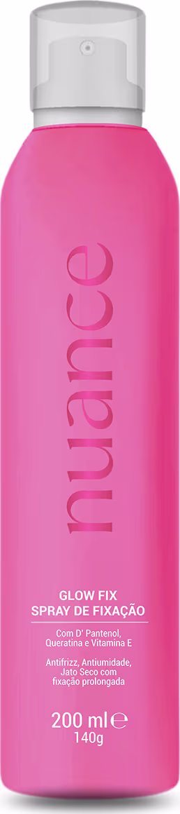 Spray fixador Nuance Professional, chamado "Glow Fix". A embalagem é um frasco rosa contendo 200 ml do produto. O rótulo exibe o nome da marca "Nuance" em destaque, bem como informações sobre os ingredientes, como D-Pantenol, Queratina e Vitamina E.