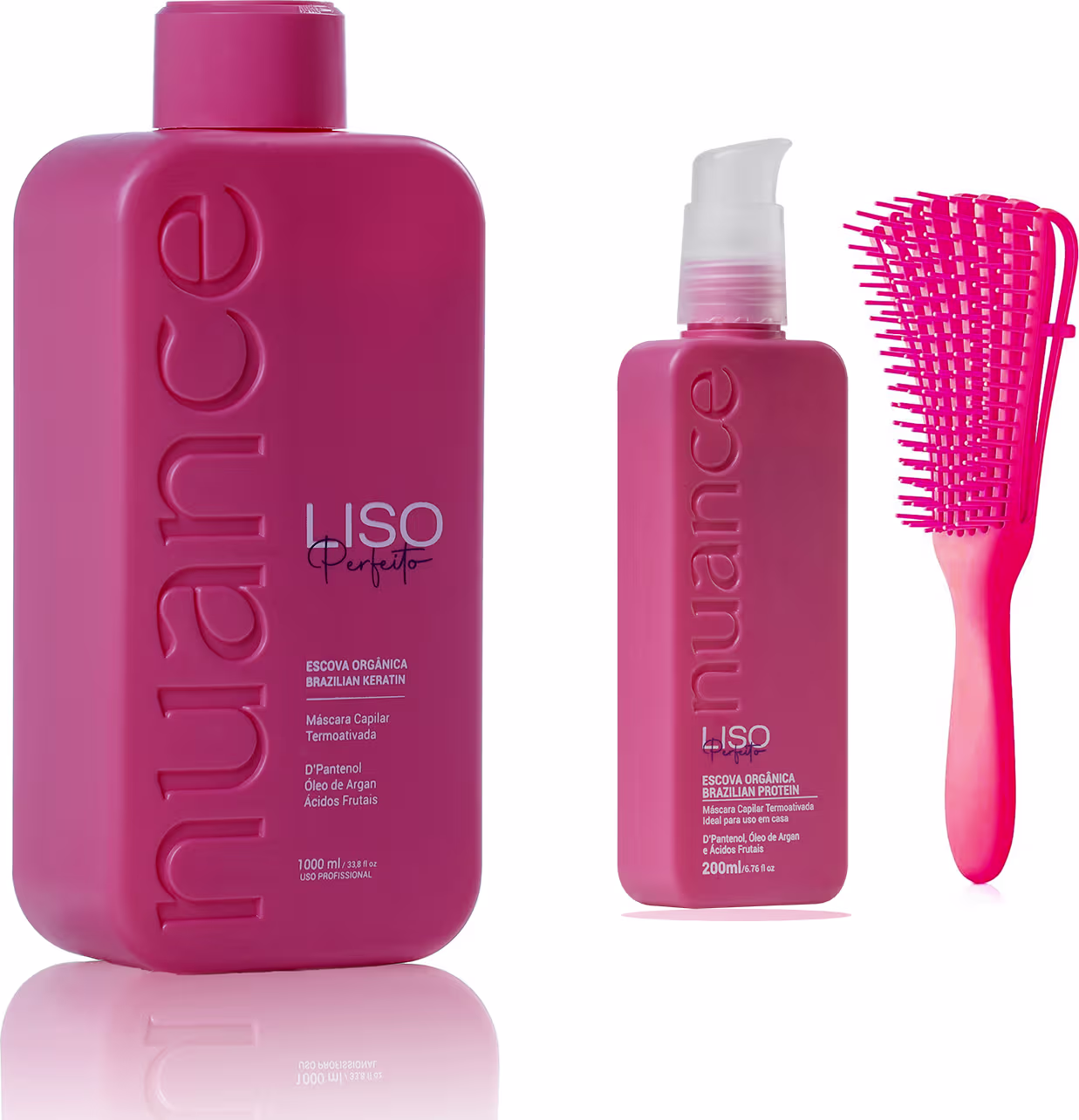 Linha de tratamento capilar da marca Nuance Professional, chamada L.ISO Perfeito. Ela consiste em um frasco grande de 1 litro de uma escova progressiva, uma embalagem de 250ml do mesmo produto e uma escova de cabelo na cor rosa.