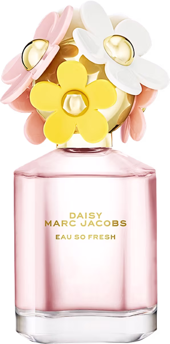 Frasco de perfume Daisy Marc Jacobs Eau So Fresh, com tampa decorada com flores coloridas em tons de rosa, amarelo e branco, em fundo branco.