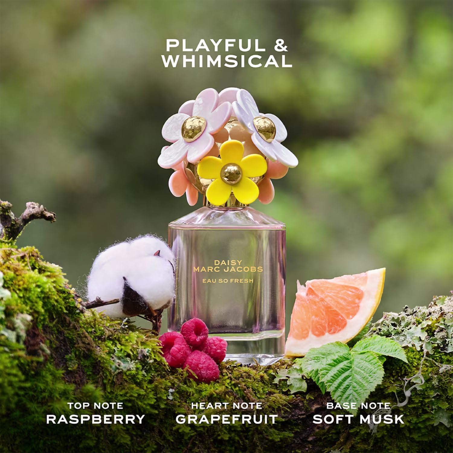 Frasco de perfume rosa da linha Daisy Marc Jacobs, com tampa decorada com flores amarelas e brancas. Rótulo com o nome da fragrância "Daisy Marc Jacobs Eau So Fresh" em letras douradas.