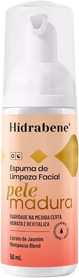 Espuma de limpeza facial Hidrabene Pele Madura, em frasco branco com rótulo laranja e detalhes em amarelo, contendo 50 mL do produto.