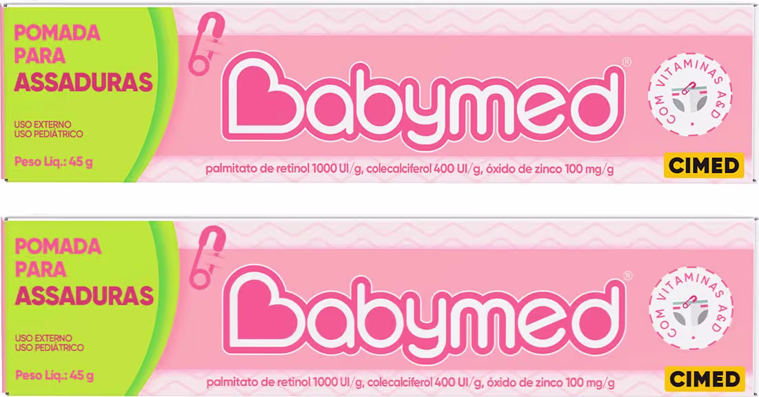 Duas caixas de pomada para assaduras da marca Babymad, com embalagem rosa e verde, contendo informações sobre os ingredientes e indicações de uso pediátrico.