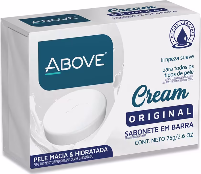 Caixa branca contendo sabonete em barra da marca Above, com rótulo azul escuro e texto "Cream Original". O produto é descrito como de limpeza suave para todos os tipos de pele, com peso líquido de 75g.