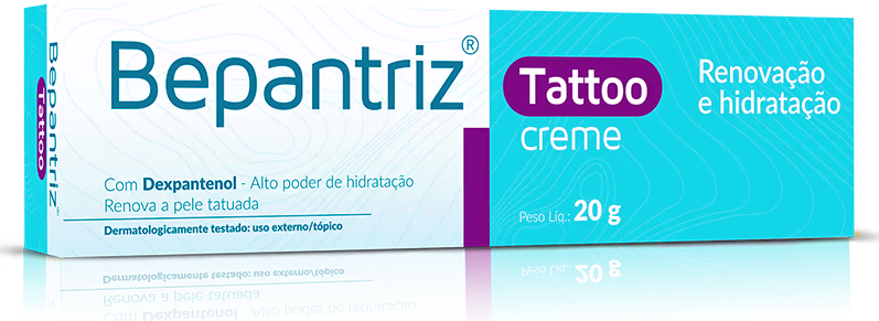 Caixa de creme Bepantriz Tattoo, com 20g de produto, apresentando design em tons de azul e branco, com destaque para o nome da marca e a indicação de "Renovação e hidratação" no rótulo.