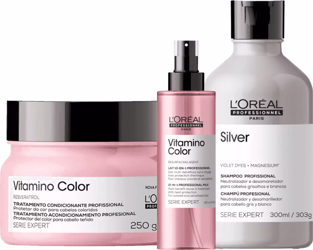 Kit L'Oréal Professionnel Vitamino Color Resveratrol + Silver Trio, 3 produtos.