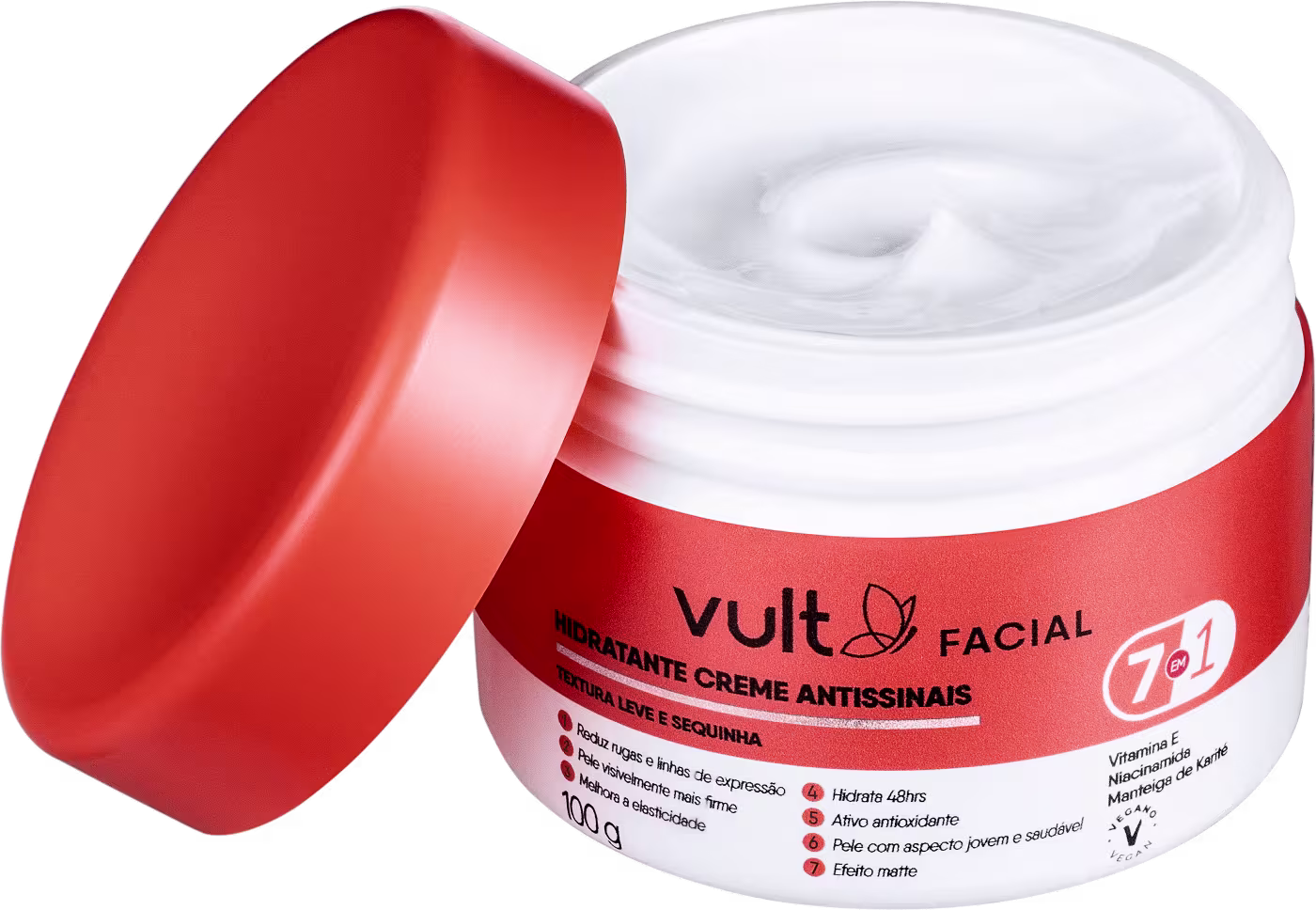 A imagem mostra o Creme Hidratante Facial Vult Care Antissinais com a tampa aberta.