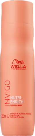 Shampoo de Wella Professionals Invigo Nutri-Enrich. Embalagem cilíndrica de plástico na cor laranja. Rótulo com o logotipo da Wella e o nome do produto em letras brancas. Informação adicional do volume de 150ml impressa na embalagem.